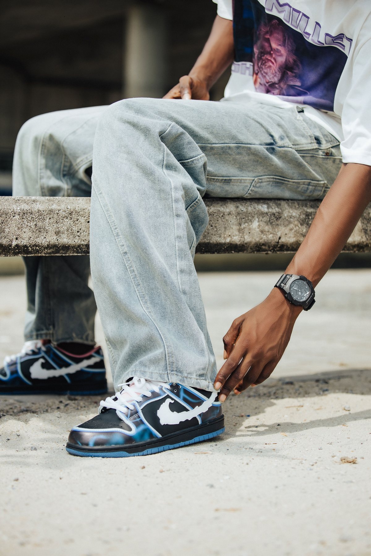 Urban denim styling with sneakers